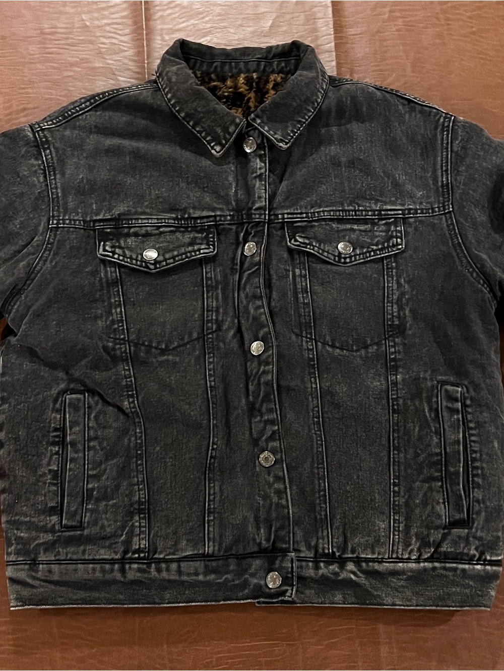 Forever 21 Distressed Black Denim Jacket with Leopard Print Lining - Size Large